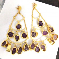 Natural Amethyst Raw Gemstone Gold Plated Dangle Earring